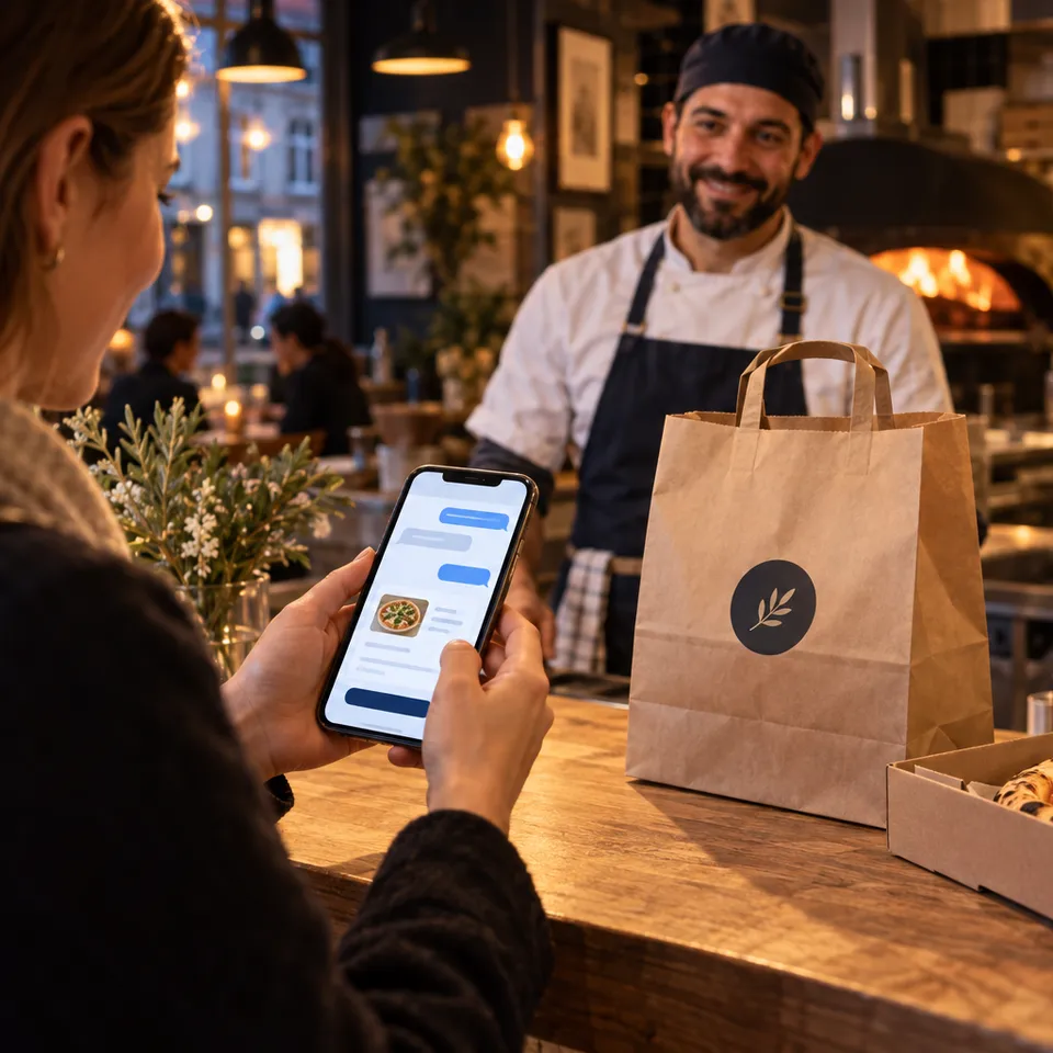 En gæst bruger sin telefon til at bestille takeaway direkte hos en lokal restaurant