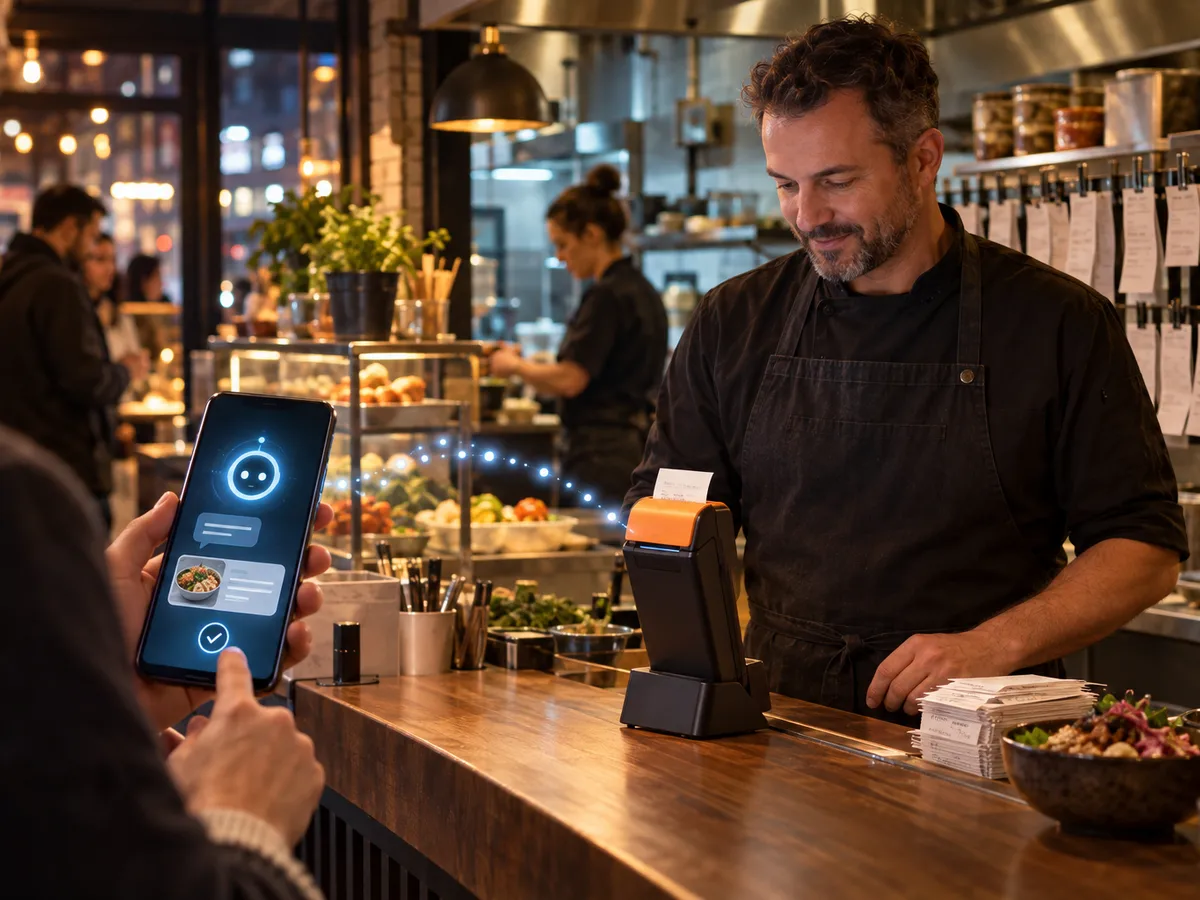 En restaurant får en AI-assisteret takeawaybestilling på en håndholdt terminal