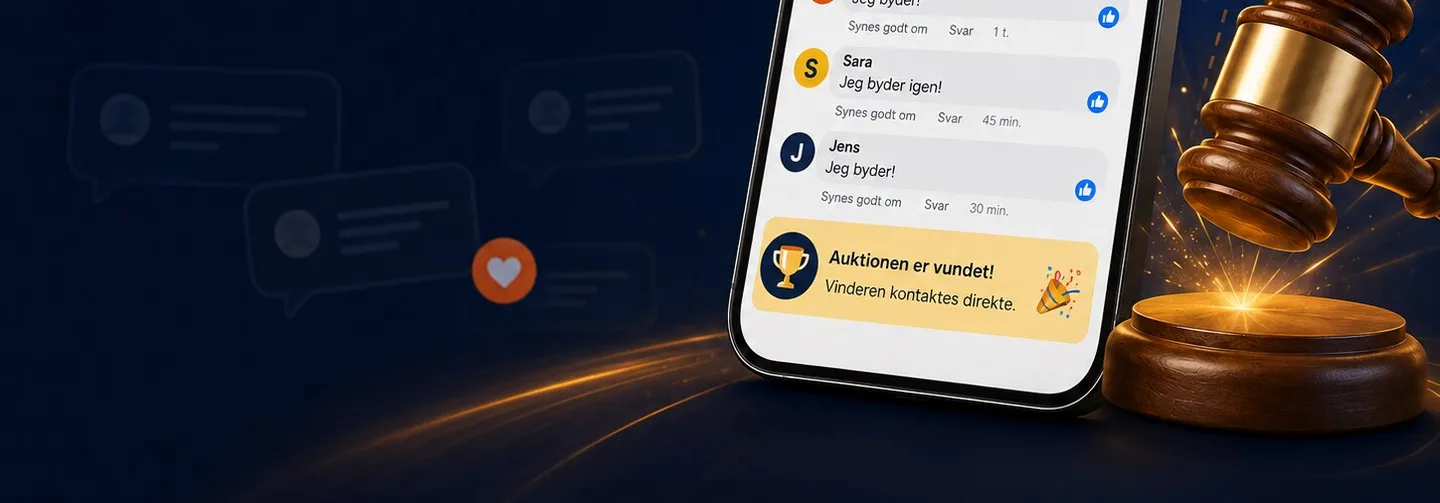 Facebook-opslag med kommentarer, bud og en automatisk udtrukket vinder