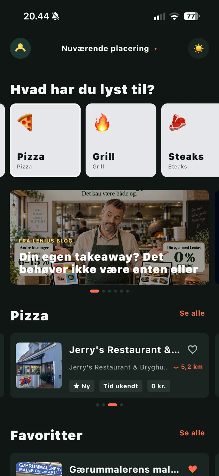 The Lenius app showing food categories and nearby places