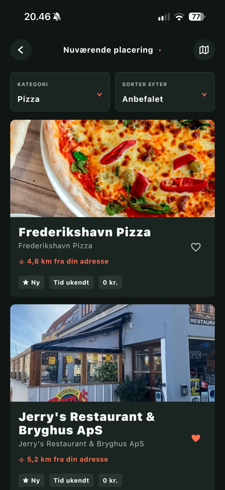 The Lenius app showing a list of local places and favourite buttons